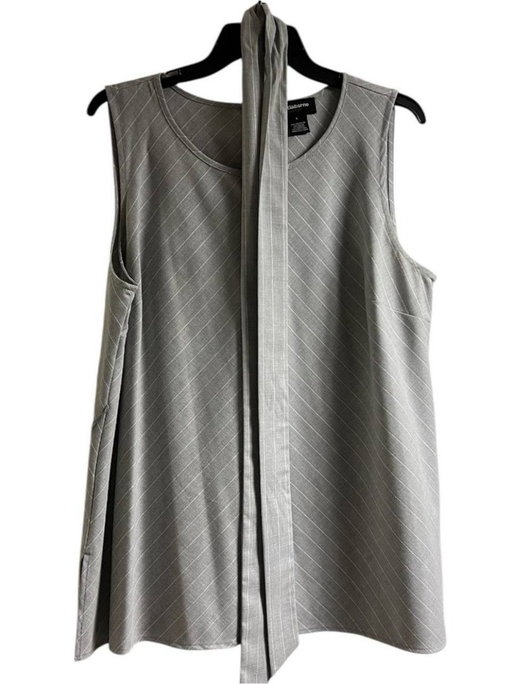 Liz Claiborne Gray Pinstripe Sleeveless Tie-Scarf work Blouse